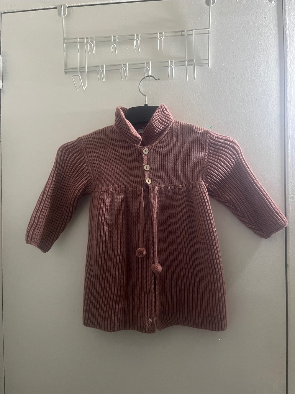 Girls' Dusty Rose Knit Button-Front Cardigan with Pom Tie